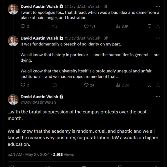 David Austin Walsh has spent years studying the Right, but he has paid no attention to the Left. If he did, he would never have apologized. An apology in these circles is like confessing before being executed. What does he think will happen to him now?