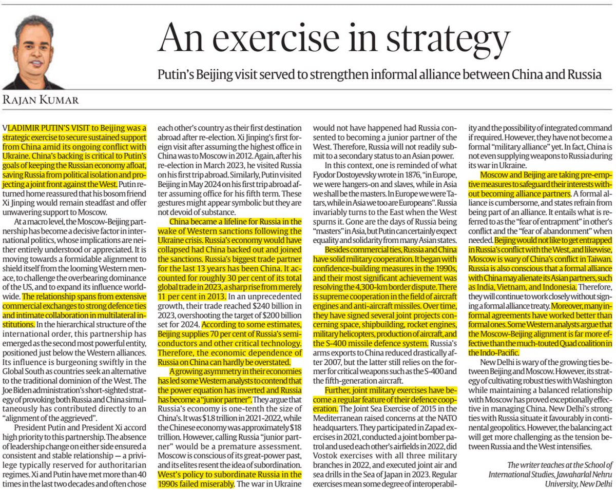 Bhushankhedka11's tweet image. Beiging and Moscow&apos;s informal alignment is far more effective than much touted Quad coalition.Very well said by @RajanKumarJNU #diplomacy #CurrentUpdates #CurrentEvents #EAM #upsc #China #russia #USANews