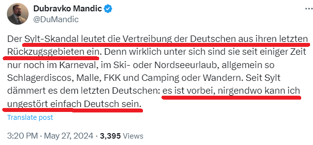 #Höcke Freund mit Migrationshintergrund #Mandic jammert, dass man nirgends 'ungestört einfach Deutsch sein' kann. Frag mich was man da tun muss? Schnitzel für 8,88 beim Neonazi essen und danach Schuhplattler tanzen, mit den Füßen im Sauerkraut stampfen dabei Nationalhymne singen?