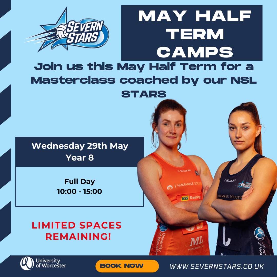 SevernStars's tweet image. 🌟MAY HALF TERM CAMPS🌟

There’s still time to book onto our May Half Term camps which start tomorrow! 
Come and join us and be coached by our NSL Stars 💙🧡

Spaces are limited - be quick and don’t miss out!! 
Book Now 👉 webengine-01.worc.ac.uk/futurestars/ 

#netball #netballtraining