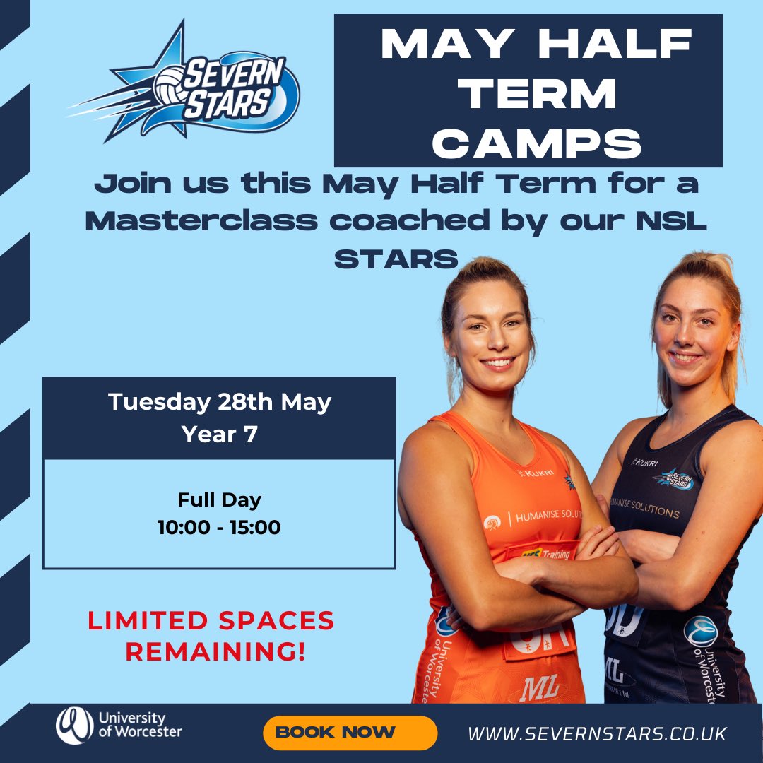 SevernStars's tweet image. 🌟MAY HALF TERM CAMPS🌟

There’s still time to book onto our May Half Term camps which start tomorrow! 
Come and join us and be coached by our NSL Stars 💙🧡

Spaces are limited - be quick and don’t miss out!! 
Book Now 👉 webengine-01.worc.ac.uk/futurestars/ 

#netball #netballtraining
