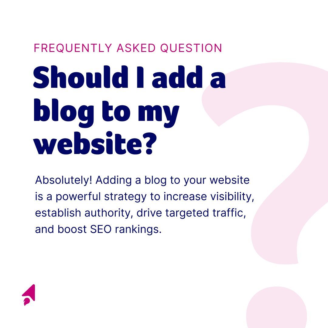 FAQ: Should I Add a Blog to My Website? Yes! Blogging boosts visibility, credibility, and SEO. 🌟✍️ #Blogging #SEO #SmallBiz