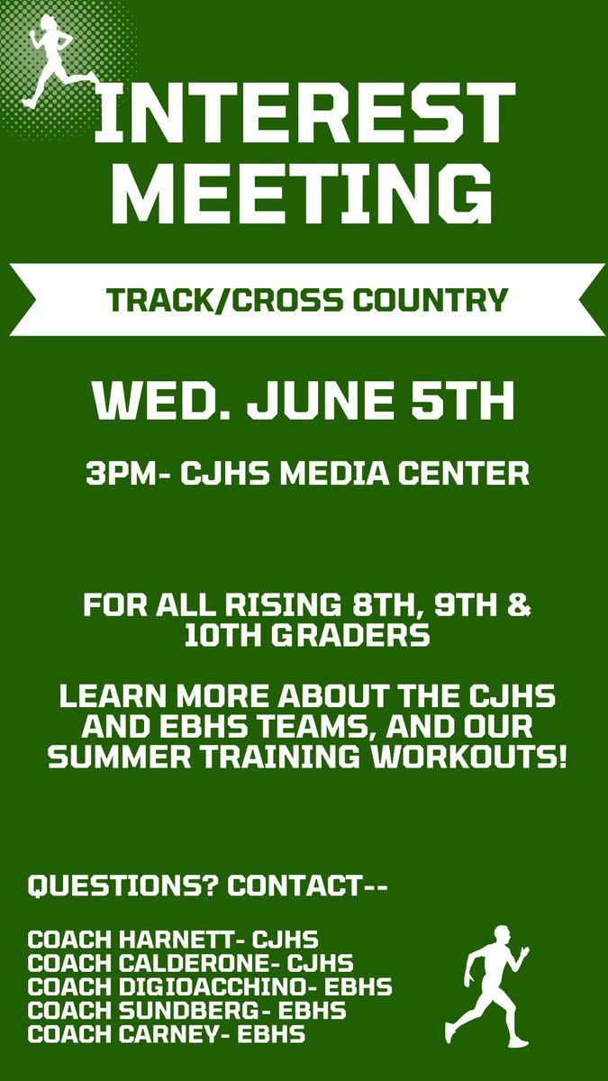 CALLING ALL CROSS/TRACK CJHS ATHLETES!! 

Interest meeting for our rising 8th-10th graders is next week!