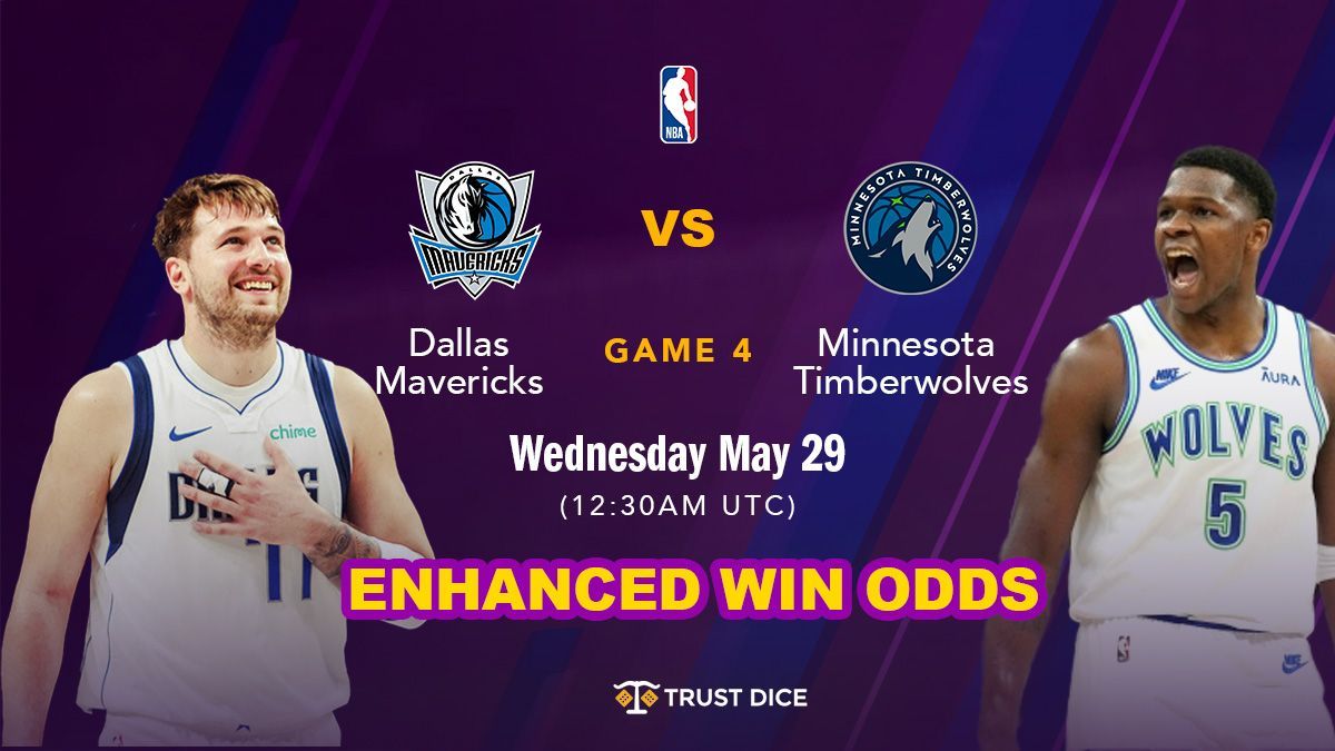 TrustDice's tweet photo. Get ready for Game 4! 🏀 The Dallas Mavericks face off against the Minnesota Timberwolves tonight. Can Dallas level the series, or will Minnesota extend their lead?
#NBAPlayoffs #MavsVsWolves #Game4
https://t.co/3xN7N22FP5 https://t.co/07HpBVA3fm