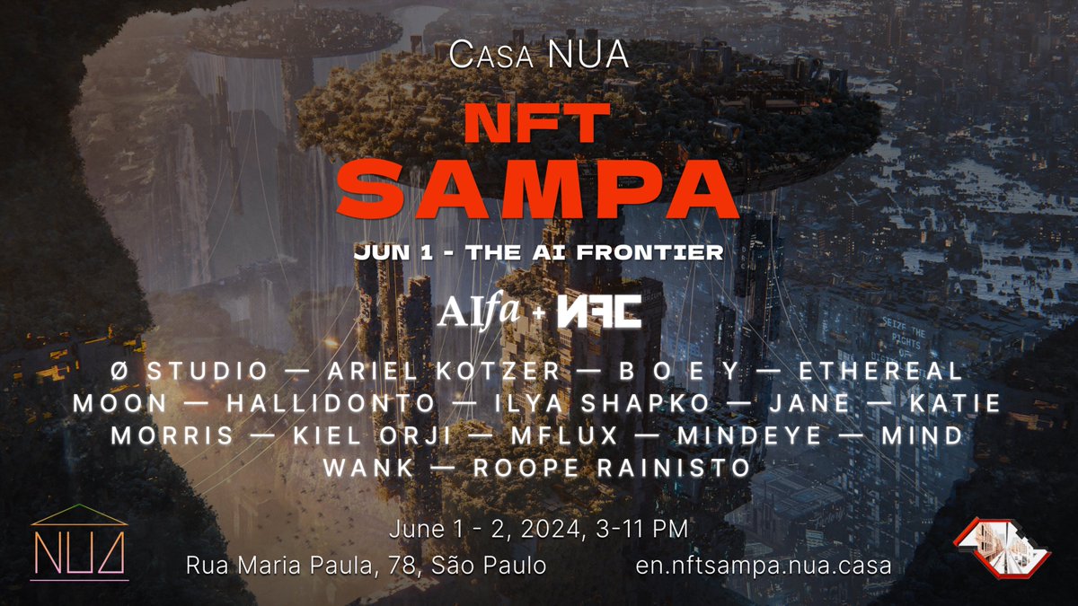 Casa_NUA's tweet photo. [4/6]

Also on Jun 1st as part of “The AI Frontier”, @NFTSampa will be screening the finalists for the 1st @aiFilmAcademy Award, an initiative in partnership with @NFCsummit :

@rainisto
@arielko2
@IlyaShapko
@kielorji
@katiemorrisart
@olstudioai
@ejaneresss
@hallidonto
@nathanboey
@__mindeye___
Mflux 
@ethereal_gwirl
@LeMoonSynth
@mind_wank