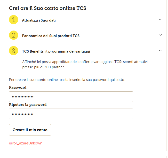 petrux's tweet photo. @TCS_Svizzero ho appena terminato l'iscrizione e non sono riuscito a impostare la password per un "error_azureUnkown" (allegato). Potete aiutarmi? https://t.co/JZbwIibxSp
