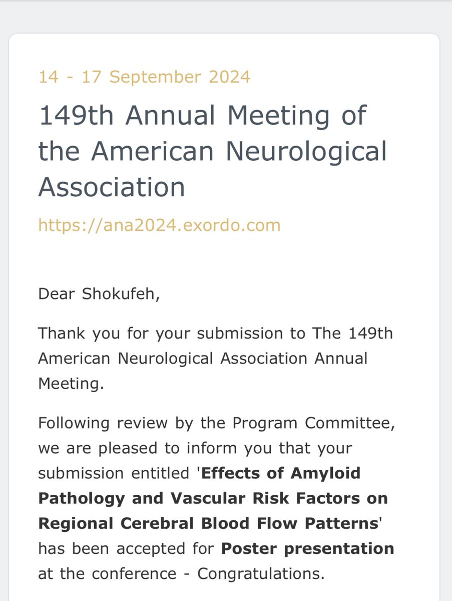 Thrilled to announce that our work on "Effects of Amyloid Pathology and Vascular Risk Factors on Regional Cerebral Blood Flow Patterns" has been accepted for poster presentation at #ANA2024! Looking forward to presenting our latest findings and connecting with fellows in Orlando!