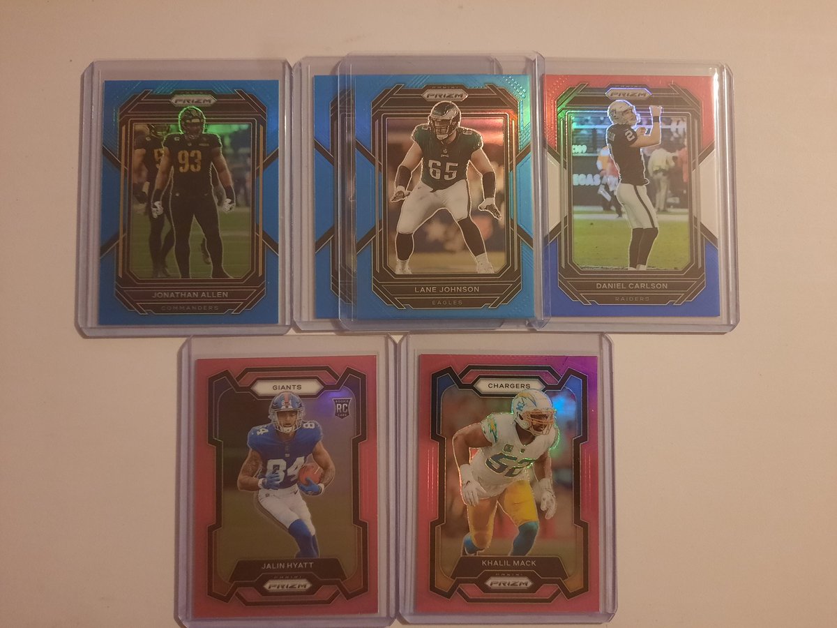 KoplinMike's tweet photo. #KopStacks Lot 118
#TheHobbyFamily #thehobby #THFpro #sportscardsforsale
$1 each
Jonathan Allen Blue prizm
Lane Johnson Blue prizm x 2
Daniel Carlson RWB
Jalen Hyatt Pink RC
Kahlil Mack Pink https://t.co/WLM4wHLcGb