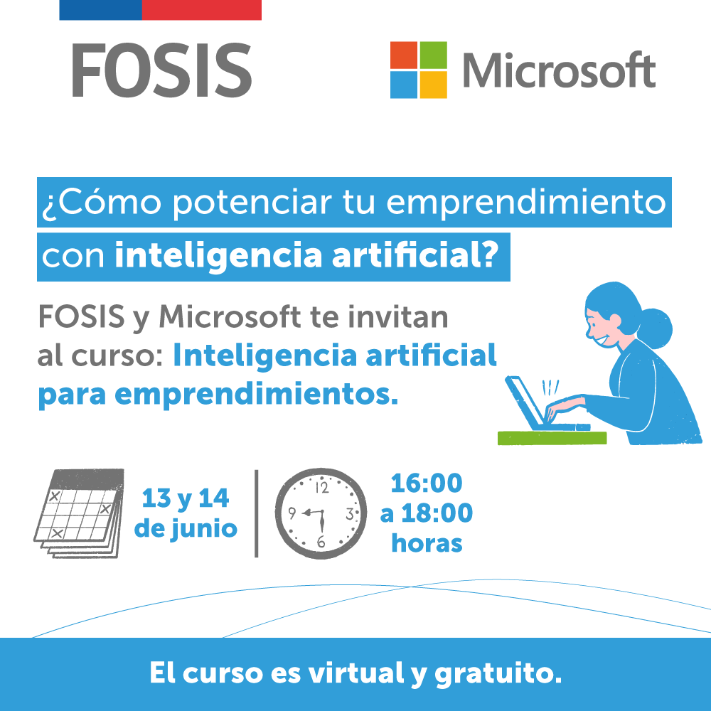 FOSIS_Chile's tweet photo. ¿Crees que la inteligencia artificial pueda ayudarte a fortalecer tu emprendimiento? 

Si te interesa este tema y quieres conocer más te invitamos a incribirte en el curso sobre inteligencia artificial que realizaremos con @MicrosoftLatam.

Regístrate en https://t.co/qVMSzDZZ29 https://t.co/hRBmXgwogU