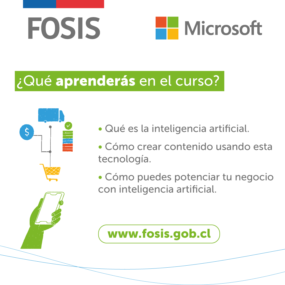 FOSIS_Chile's tweet photo. ¿Crees que la inteligencia artificial pueda ayudarte a fortalecer tu emprendimiento? 

Si te interesa este tema y quieres conocer más te invitamos a incribirte en el curso sobre inteligencia artificial que realizaremos con @MicrosoftLatam.

Regístrate en https://t.co/qVMSzDZZ29 https://t.co/hRBmXgwogU