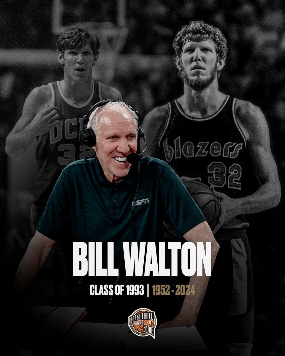 Hoophall's tweet image. Today we mourn the passing of legendary Hall of Famer Bill Walton. He was a true friend to the Hall and a persistent champion for what the sport can accomplish in the lives of those who play.

Our sincere condolences to his family and friends. Bill’s contributions to the NBA and…