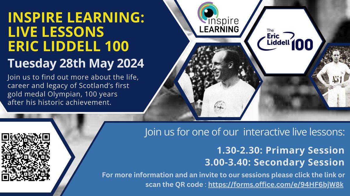 Inspire Learning (@inspiresbc) on Twitter photo 🥇 We are delighted to host a special #LiveLesson to celebrate <a href="/EricLiddell100/">TheEricLiddell100</a>
1. Register at forms.office.com/e/94HF6bjW8k
2. Join the meeting with the link we send
3. Learn along with your pupils in our dynamic & interactive lesson about the life & legacy of this Scottish legend 🥇 We are delighted to host a special #LiveLesson to celebrate <a href="/EricLiddell100/">TheEricLiddell100</a>
1. Register at forms.office.com/e/94HF6bjW8k
2. Join the meeting with the link we send
3. Learn along with your pupils in our dynamic & interactive lesson about the life & legacy of this Scottish legend