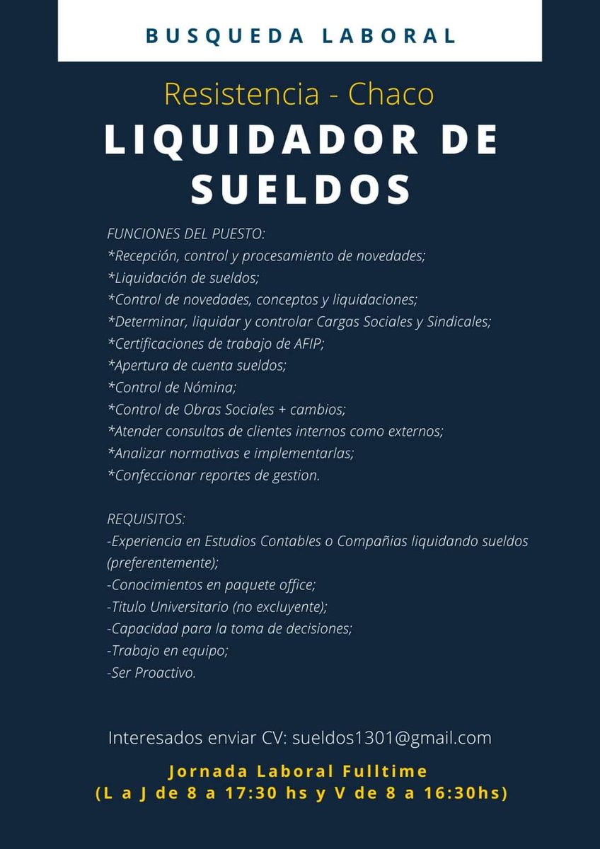 🔵🟡 #RESISTENCIA (Chaco) - #LIQUIDADOR DE #SUELDOS para Importante empresa de servicios

👉 Enviar CV indicando la remuneración pretendida a: 📧 sueldos1301@gmail.com

#TNEA #Chaco #empleoar #trabajoar