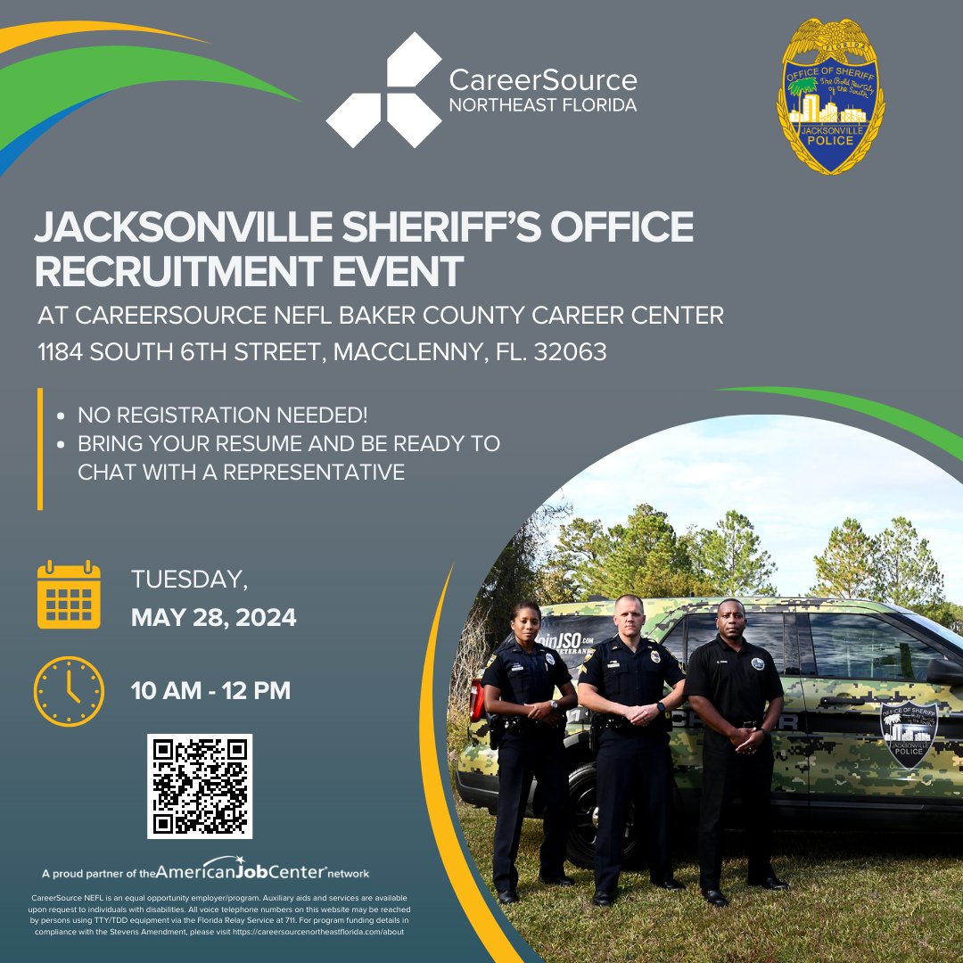 Attention all job seekers!
Jacksonville Sheriff’s Office is Hosting a Recruitment Event at CareerSource NEFL Baker County Career Center
Date: May 28, 2024
Time: 10 am - 12 pm
Learn more and view all events at bit.ly/3Lyi3rN
@JaxJobs @CareerSourceNEF @employflorida