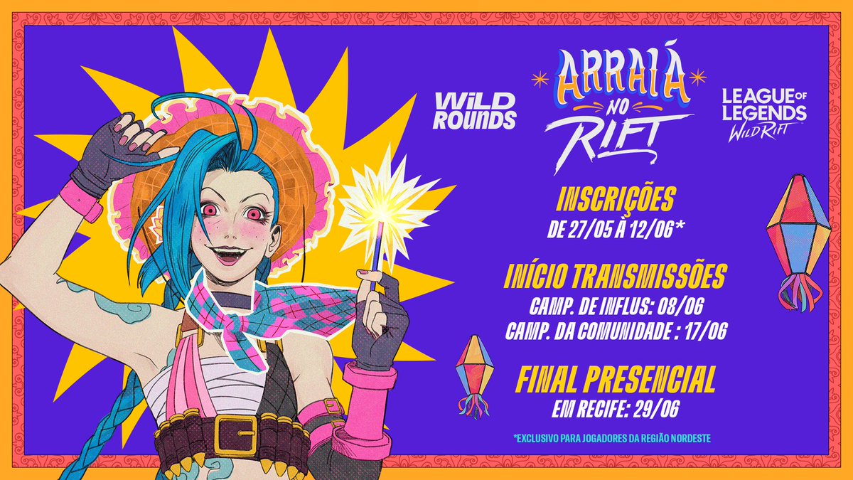 🌾 O #WildRounds: Arraiá no Rift vem aí!

O torneio que junta influenciadores e comunidade em uma Grande Final PRESENCIAL em Recife está com INSCRIÇÕES ABERTAS, exclusivas para residentes do Nordeste!

🌽 Mais informações: eventos.gamersclub.gg/wildrounds