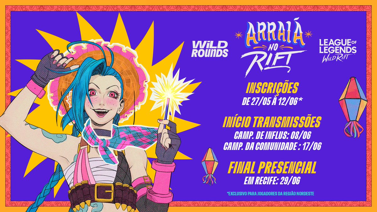 🌾 O #WildRounds: Arraiá no Rift vem aí! O torneio que junta influenciadores e comunidade em uma Grande Final PRESENCIAL em Recife está com INSCRIÇÕES ABERTAS, exclusivas para residentes do Nordeste! 🌽 Mais informações: eventos.gamersclub.gg/wildrounds