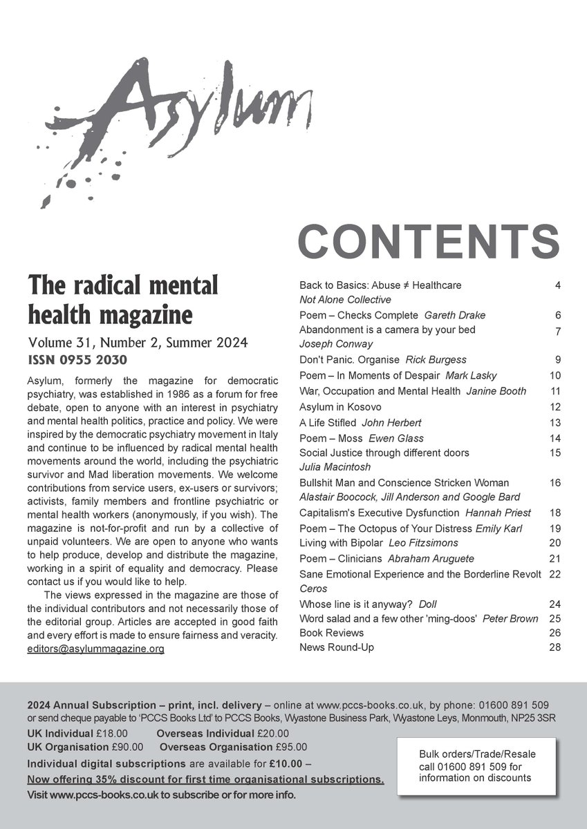 Asylum Magazine (@asylummaguk) on Twitter photo Summer issue of Asylum will be published and sent to subscribers in the next week or so. Superb cover artwork by Doll. Sneak preview of contents.
Distributed by <a href="/pccsbooks/">PCCS Books</a>
Watch this space! Summer issue of Asylum will be published and sent to subscribers in the next week or so. Superb cover artwork by Doll. Sneak preview of contents.
Distributed by <a href="/pccsbooks/">PCCS Books</a>
Watch this space!