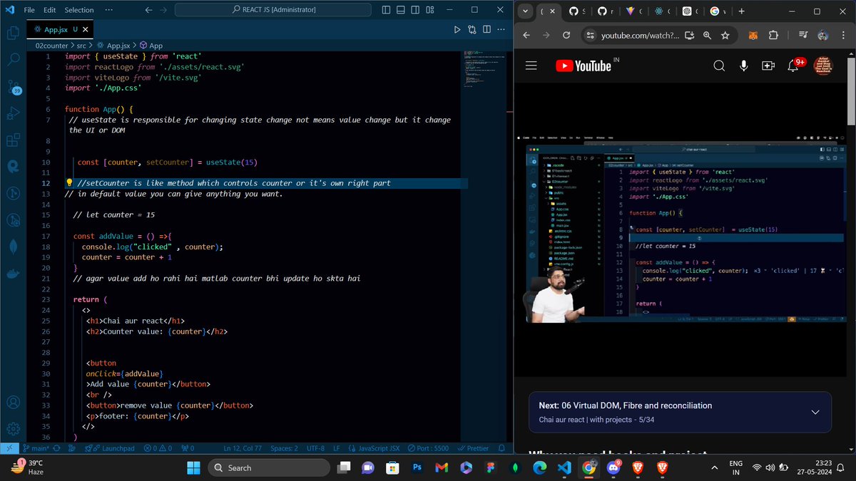 eigenpiyush's tweet image. Learned about useState in #reactjs🚀  which is an Hook  in react from @Hiteshdotcom sir&apos;s 🙌&quot;chai aur react&quot; playlist and made a small project called counter . Through this react series , fundamentals are cleared💯

#hiteshdotcom #learninpublic #buildinpublic
#webD #reactjs🚀💯