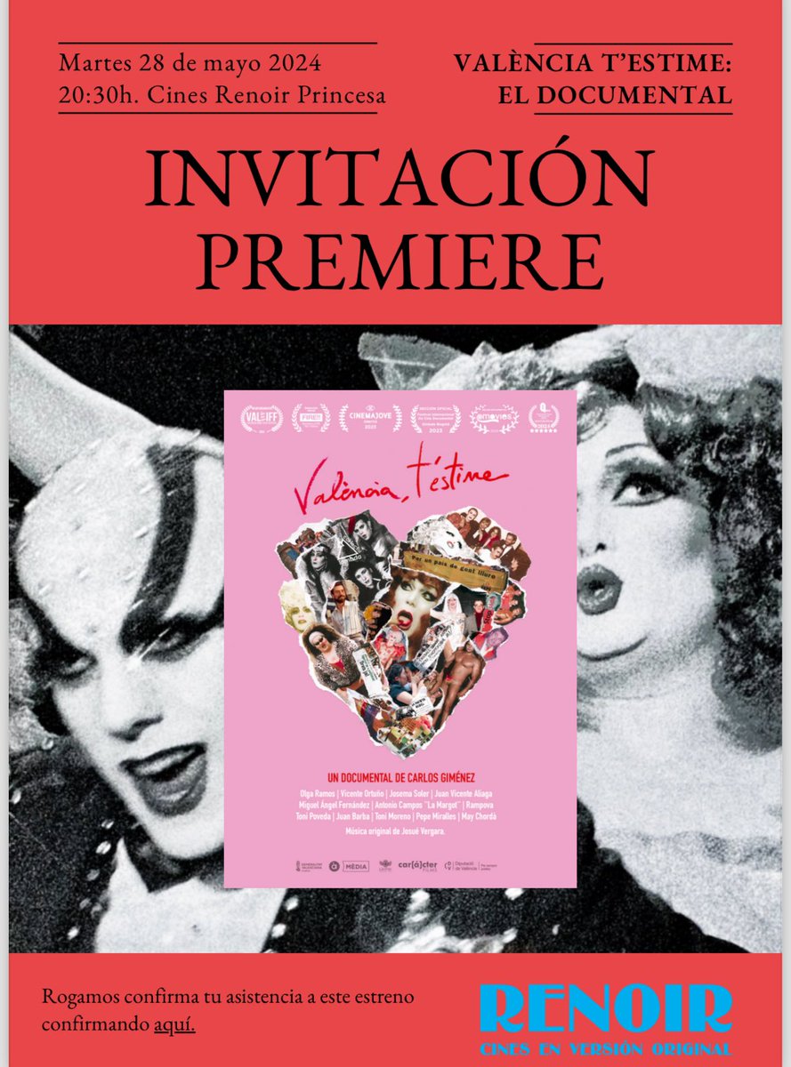 Mañana 28 de mayo será la premiere del primer documental que narra la historia LGTB de Valencia entre los años 70 y 2000. A las 20.30 en los Cines Renoir Princesa de Madrid con presencia de su director Carlos Giménez. Si quieres asistir apúntate aquí 👇🏽 forms.gle/UN1xRdFWgELbZC…