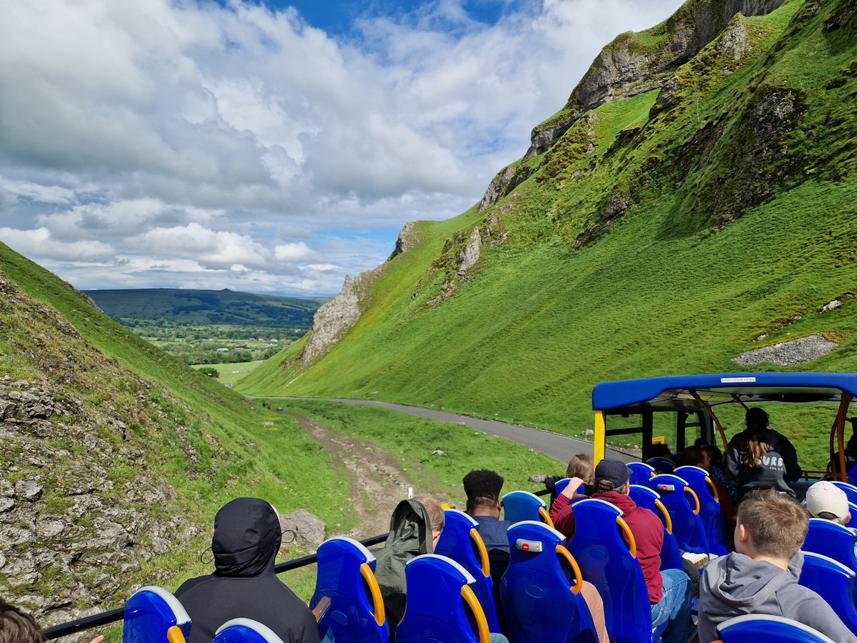 Winnat's Pass, upstairs on an open top bus. What a spectacular treat this is.