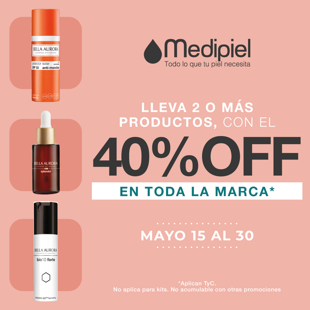 ¡El dúo perfecto, en la marca que tanto amamos! 😍 Lleva 2 o más productos de la marca Bella Aurora, con el 40% OFF.

*Aplica T&amp;C

*Válido del 15 al 30 de mayo