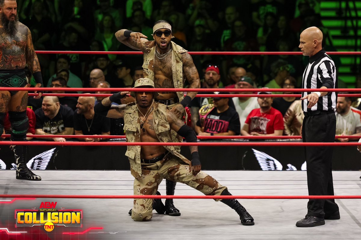 We wore OG desert camo this weekend on #AEWCollision for #MemorialDay in honor of all the brave men & women who made the ultimate sacrifice overseas to protect our freedoms. 
#theINFANTRY salutes all who served today.
Happy Memorial Day! 🫡🦅

#AEW #ROH