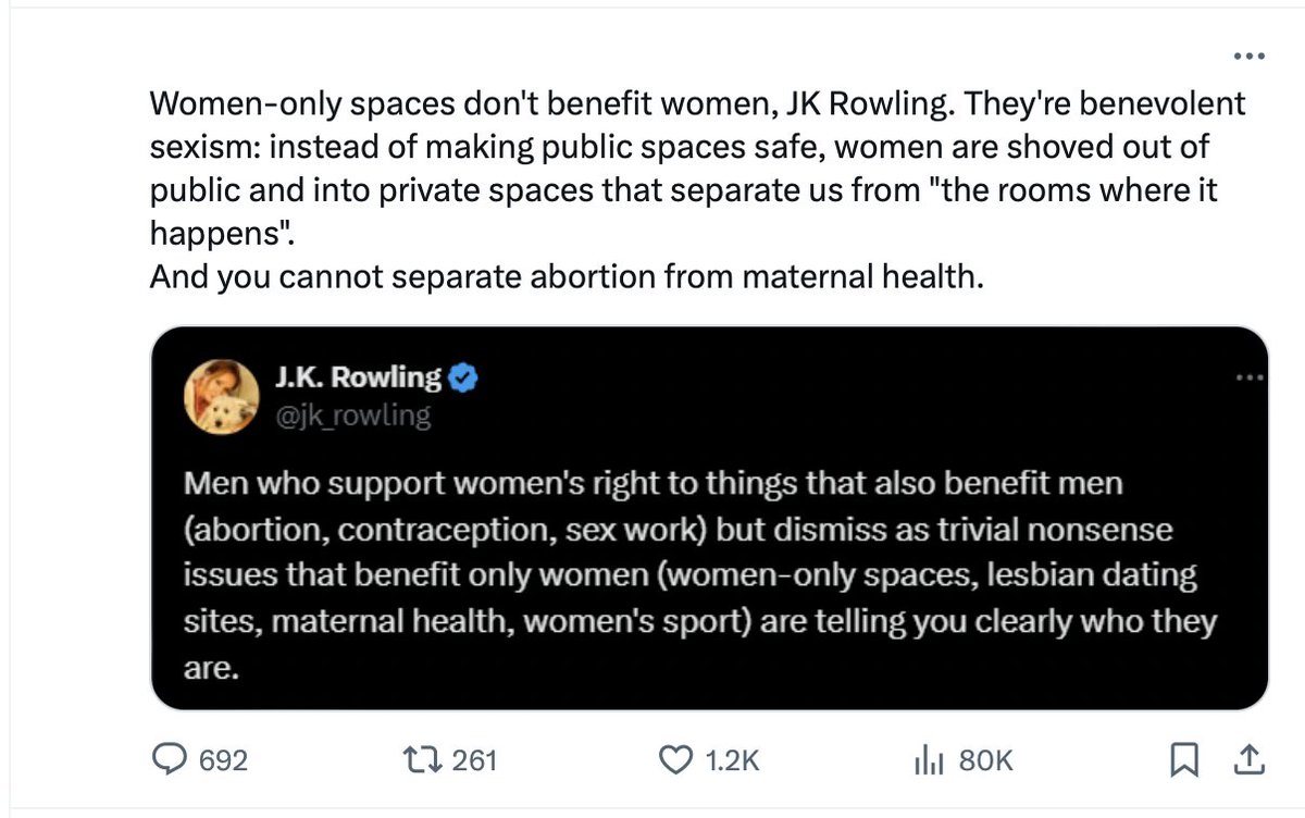 There are only two kinds of women who pretend single-sex spaces aren't important or necessary. I forgive the naive ones. I'm glad they've never yet experienced what too many women and girls have. But those doing it because they crave approval from a particular brand of male...