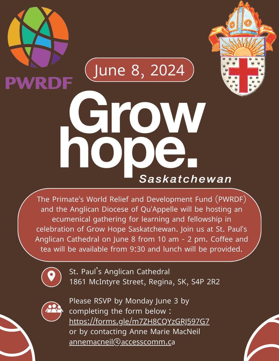 Hello #yqr and area... Here's a good opp to learn more about @growhopesk inspiring, made-in-Sask, urban-rural response to alleviate hunger in our world. RSVP by Jun 3 https://forms/gle/m7ZH8CQYzGRJ597G7 @PWRDF @Foodgrains @pwsd_canada @canadianbaptist @DevPeace @mccpeace