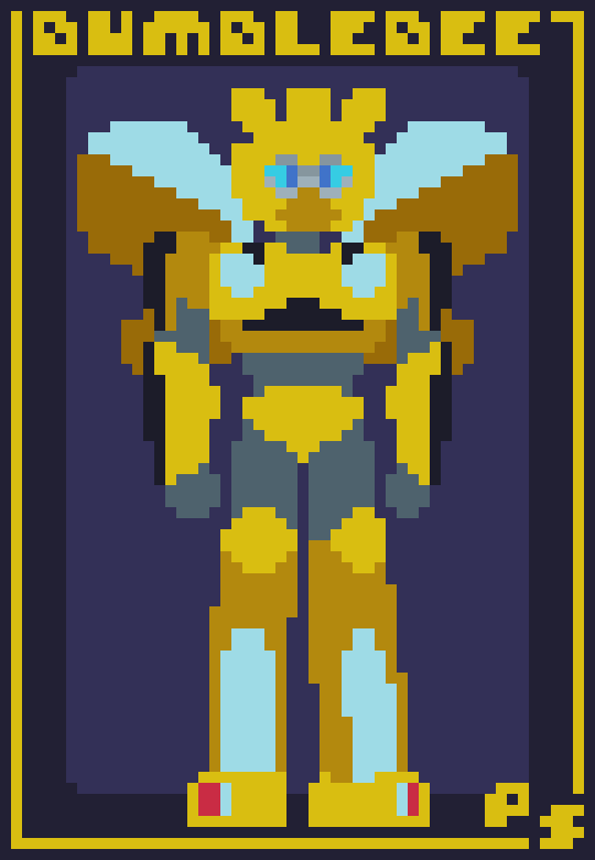 pixel art of my design for bumblebee for my transformers au!!! a mute cybertronian living in iacon, he quickly becomes friends with orion pax upon his arrival his city

#transformers #maccadams