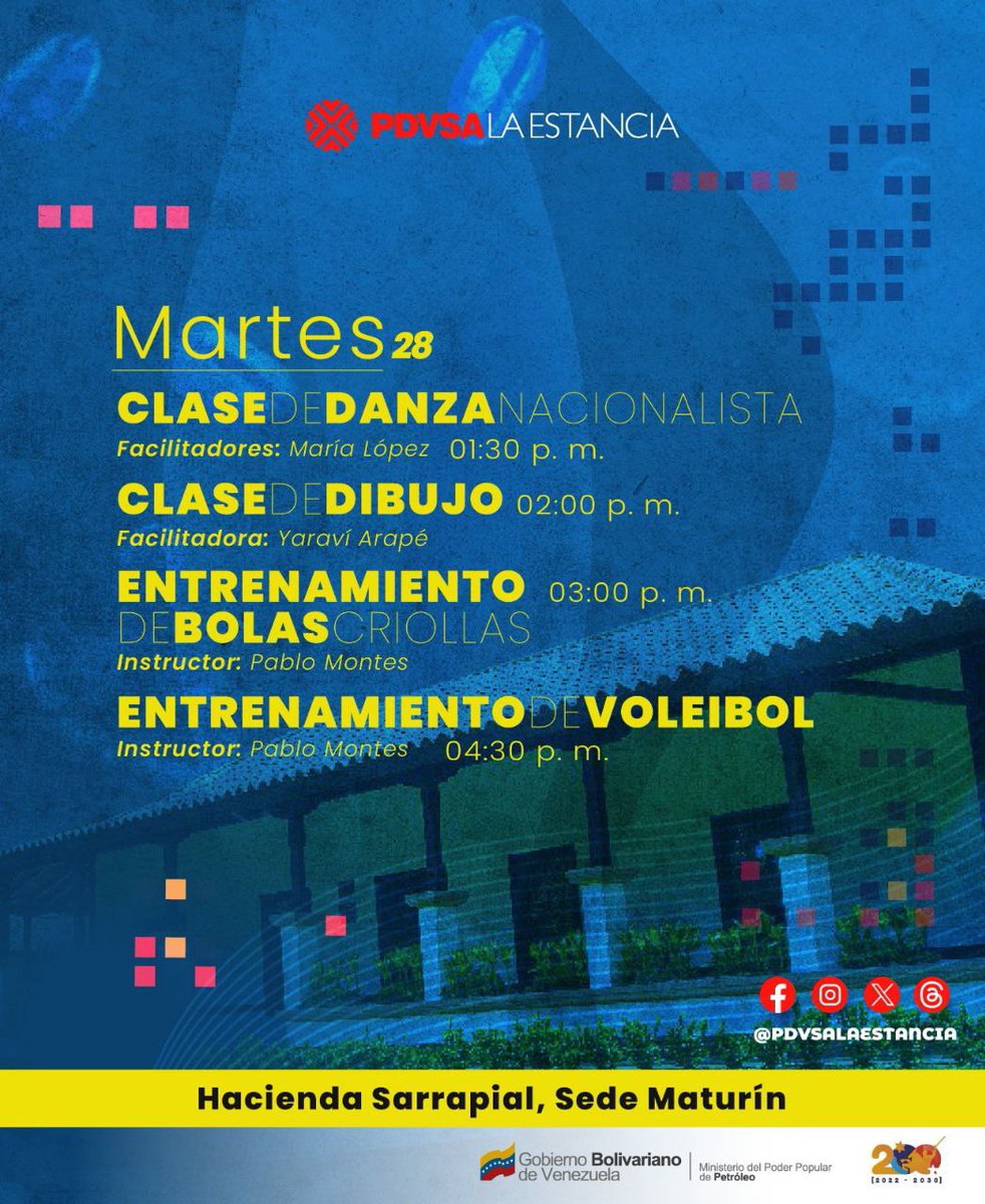 Conoce las actividades programadas para este #Martes #28deMayo en nuestras sedes de #Caracas #Paraguaná #Maracaibo y #Maturín PDVSA La Estancia, espacio cultural de #PDVSA