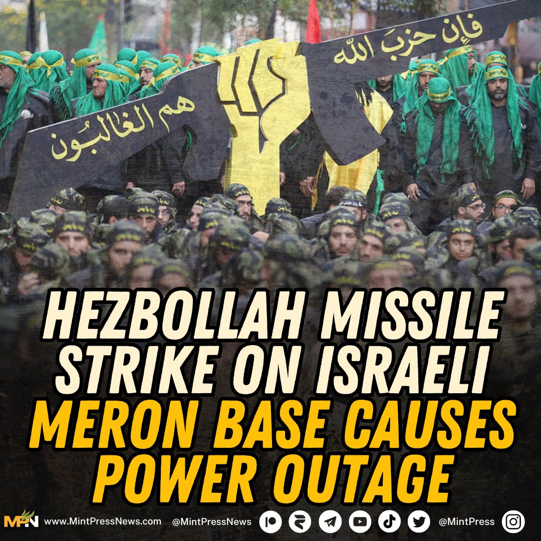 Hezbollah strikes Israel's Meron base and causes power outage Lebanese resistance group Hezbollah launched more than 50 rockets at the Israeli Air Force Meron spy base at Mount Jarmaq in the north of occupied Palestine today, causing a power outage inside the installation.