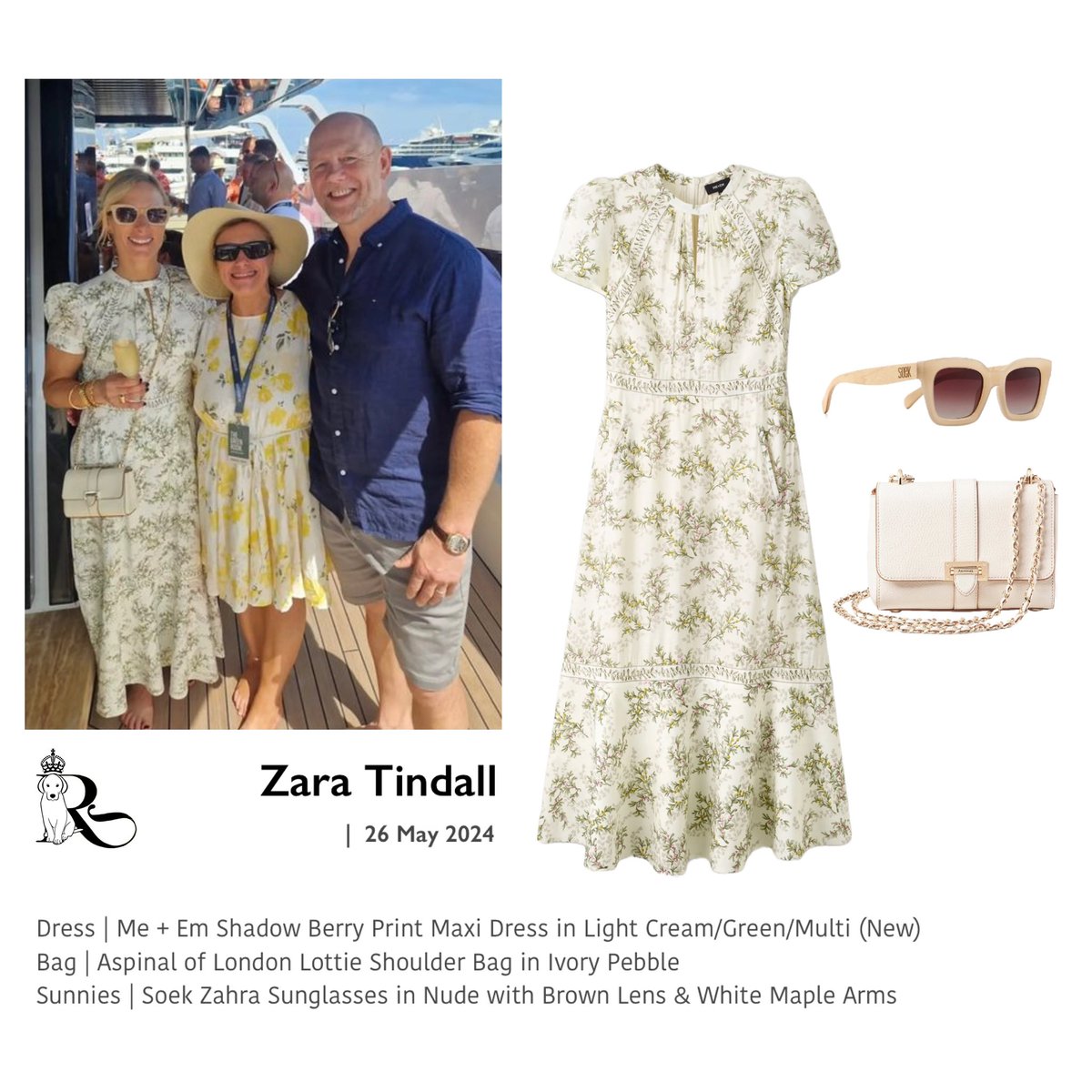 Zara and Mike Tindall attended the F1 Monaco Grand Prix this weekend. Photos are limited as of now, but it appears that they were guests of The Green Room, for their yacht viewing party. Zara’s outfit details are below. #zaraTindall