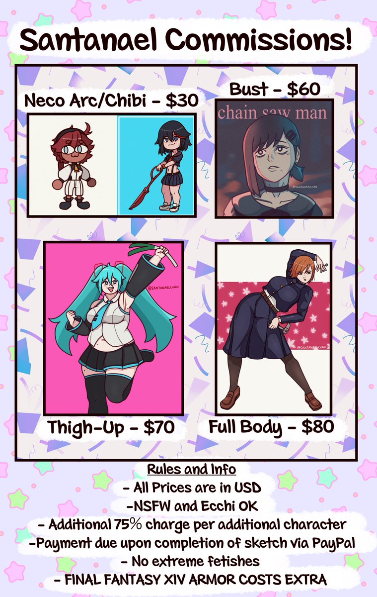 SantanaelChan's tweet image. Hi everyone, I made a new sheet!
Comms are always open, DM me here or on Discord @ Santanael if you're interested.
If you want other means of supporting me or other accounts I have, check the replies! RTs are always appreciated.