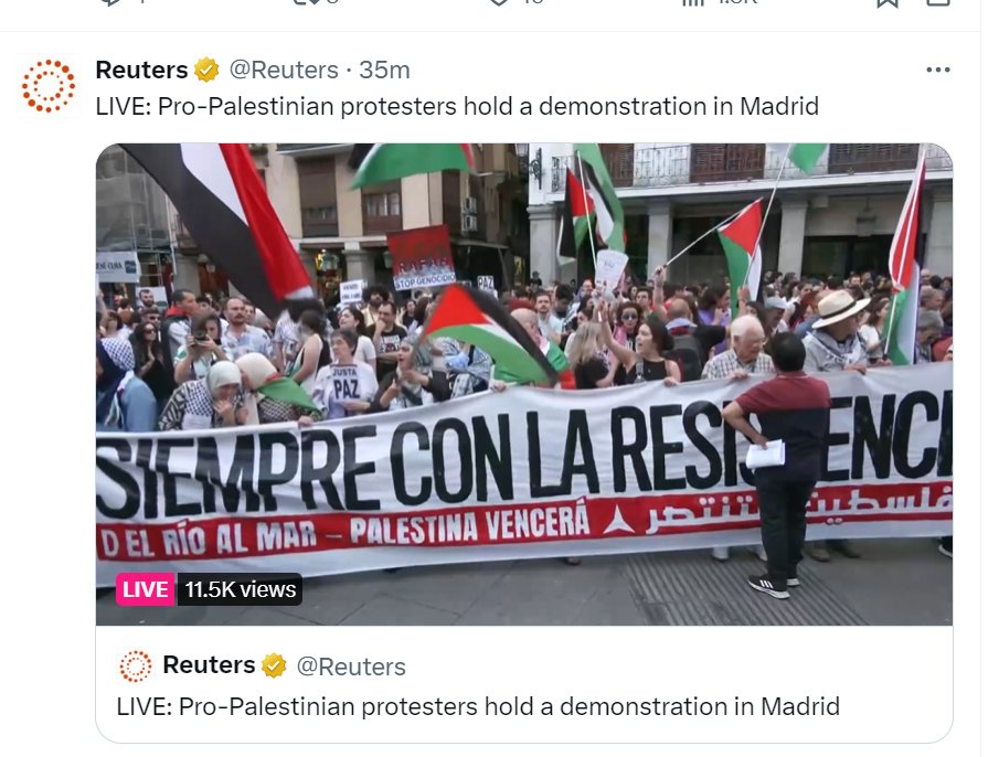 Clear call for Israel's destruction at a pro-Hamas ("con la resistencia") demo in Madrid right now. 

"From the river to the sea, Palestine ... 

no, not "will be free" but "will prevail/win/conquer."
