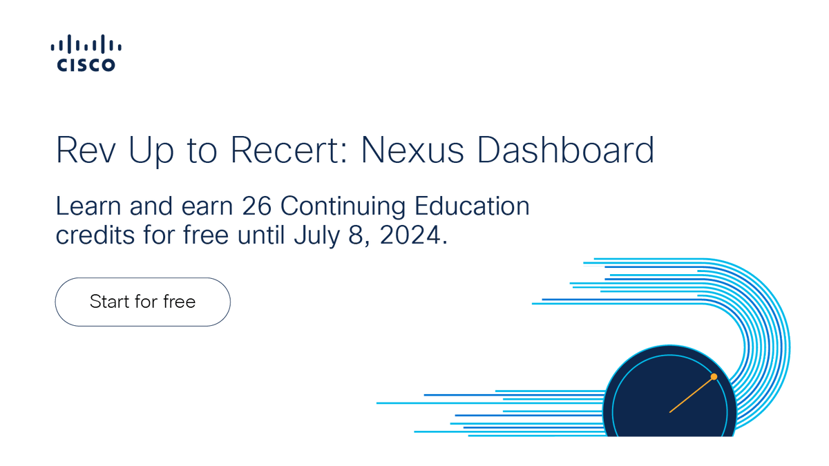 Introducing Rev Up to Recert: Nexus Dashboard! 🚀 

Get FREE access to the Cisco Data Center Nexus Dashboard Essentials | DCNDE Learning Path in #CiscoU until July 8, 2024.

✅ 41+ hours
✅ 6 hands-on labs
✅ 26 CE credits

👉 Get started: cs.co/6016ePN9C

#CiscoCert