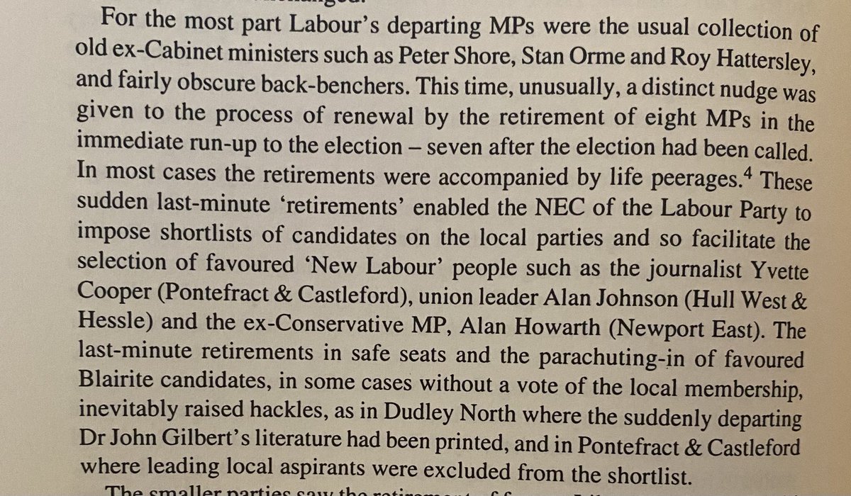 Blast from the past — Labour big names Yvette Cooper and Alan Johnson were among those selected last-minute for retirement seats in 1997 (Source: Butler/Kavanagh’s The British General Election of 1997)