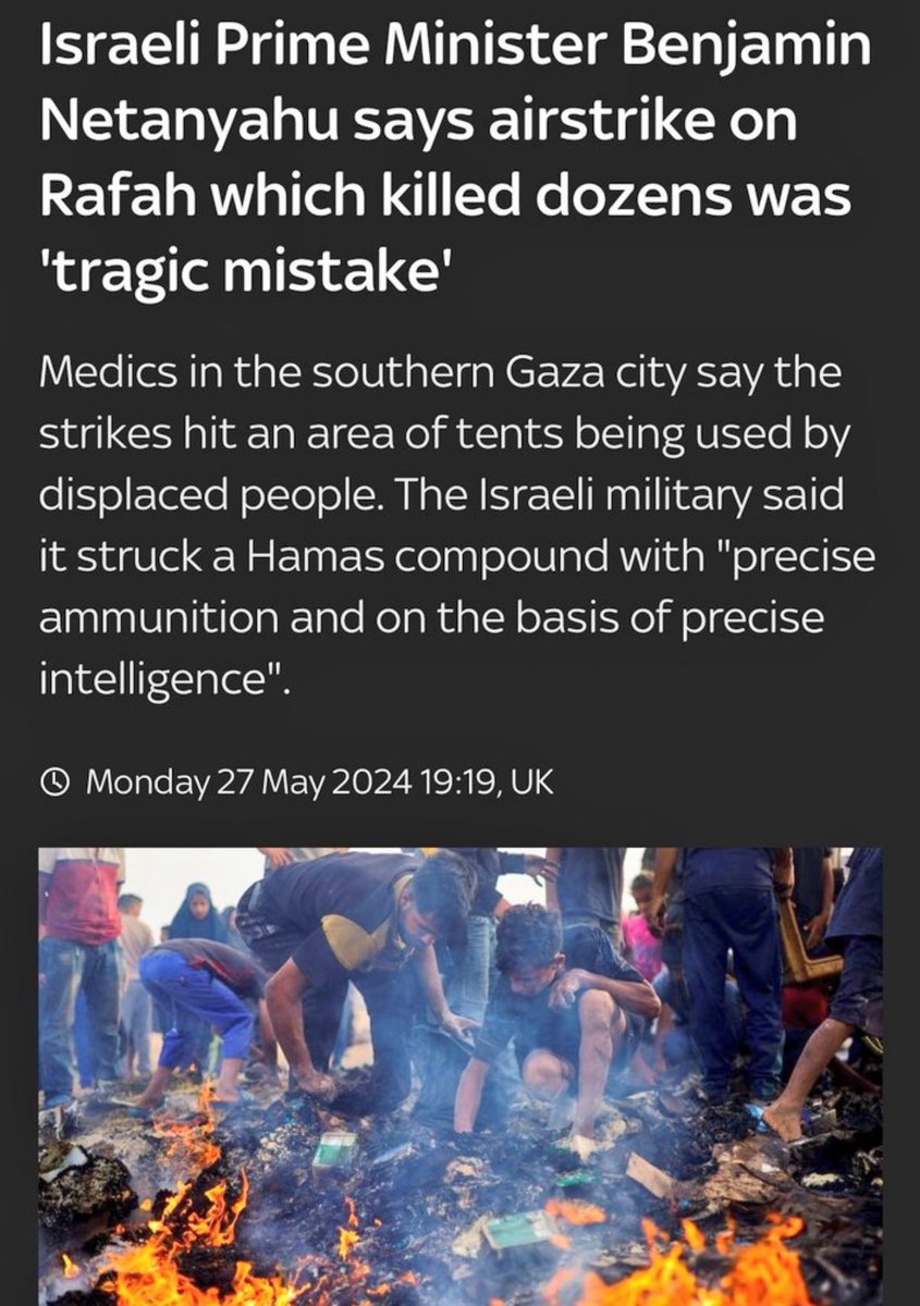 IDF last night: 

It was an intelligence-driven “precise strike.”

Netanyahu this morning:

It was a “tragic mistake.”

Israel has ZERO regard for Palestinian life.