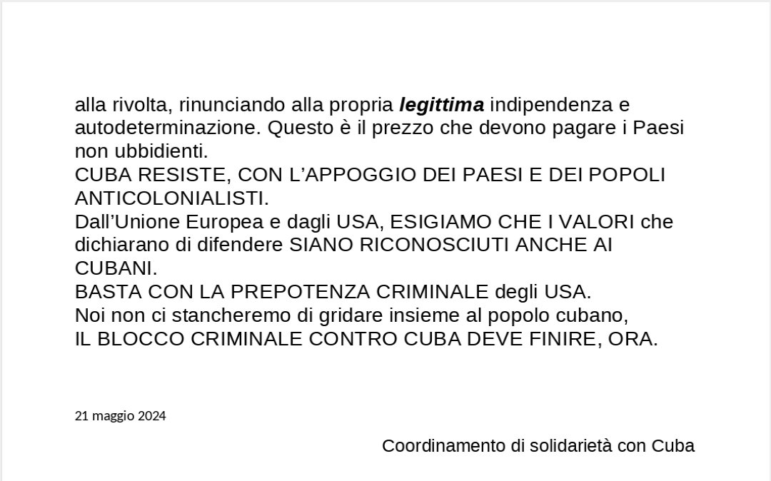 Comunicato stampa del Coordinamento di Solidarietà con Cuba @EmbaCubaItalia @CGCuba_Milan @MirtaGranda @siempreconcuba @cubadebatecu @PrensaLatina_cu