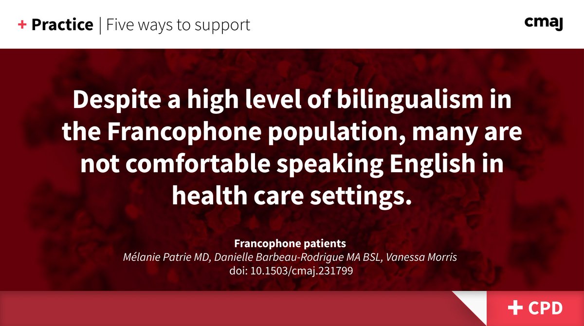 CMAJ (@cmaj) on Twitter photo Francophone patients:
Non-French-speaking physicians should consider the use of interpreters when interacting with Francophone patients.
➡️ cmaj.ca/lookup/doi/10.…
(earn CPD credits)
<a href="/DBarboRodo/">DBarbeau-Rodrigue (elle/she)</a> <a href="/thenosm/">NOSM University | Université EMNO</a> Francophone patients:
Non-French-speaking physicians should consider the use of interpreters when interacting with Francophone patients.
➡️ cmaj.ca/lookup/doi/10.…
(earn CPD credits)
<a href="/DBarboRodo/">DBarbeau-Rodrigue (elle/she)</a> <a href="/thenosm/">NOSM University | Université EMNO</a>