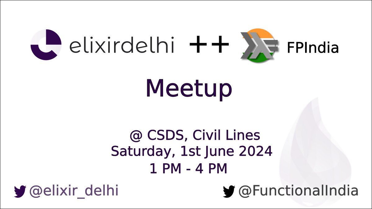 elixir_delhi's tweet image. Concatenating and convening folks from @elixir_delhi and @FunctionalIndia this coming Saturday to talk about @elixirlang, @HaskellOrg and #functionalprogramming

Talks, show n&apos; tells &amp;amp; free flowing conversations, almost as good as doing concurrency in #FP