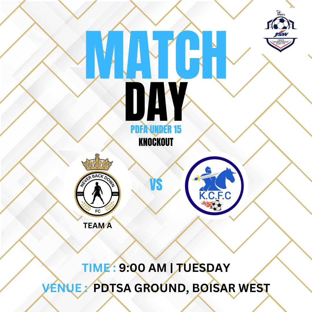 nbdacademy's tweet photo. PDFA JSW YOUTH KNOCKOUTS - UNDER 15 Boys 

NEVER BACK DOWN TEAM A vs KCFC 

📍PDTS GROUND 🕓9:00AM 

🗓️Tuesday MAY 28 / 2024
.
.
.
.
.
#neverbackdown #football #pdfa #jsw #jswsports #league #under15boys https://t.co/wu35qs8KpP