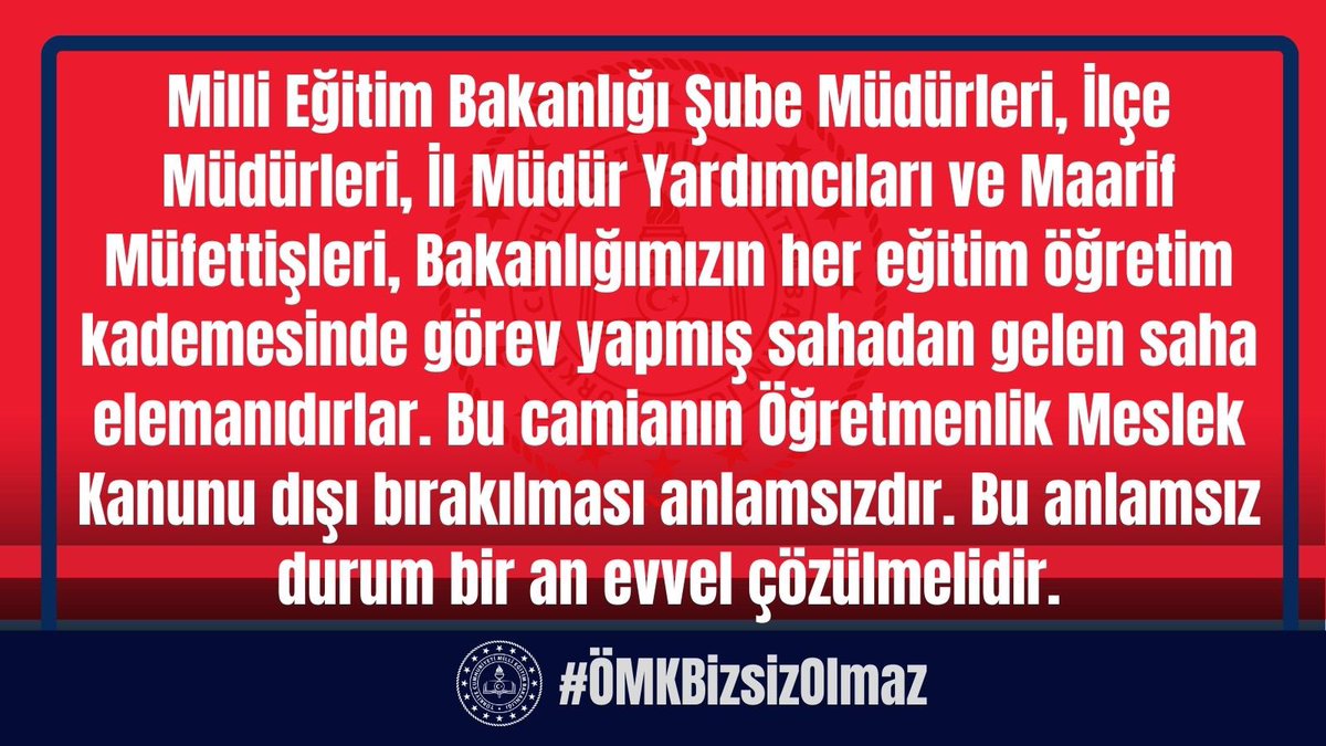İl milli eğitim müdür yardımcıları, ilçe milli eğitim müdürleri, şube müdürleri, maarif müfettişleri ve müfettiş yardımcıları #ÖMKBizsizOlmaz diye haykırıyor!

Bu arkadaşlarımızın, yüklenmiş oldukları sorumluluk ve yetkilerine mütenasip şekilde özlük ve mali hakları