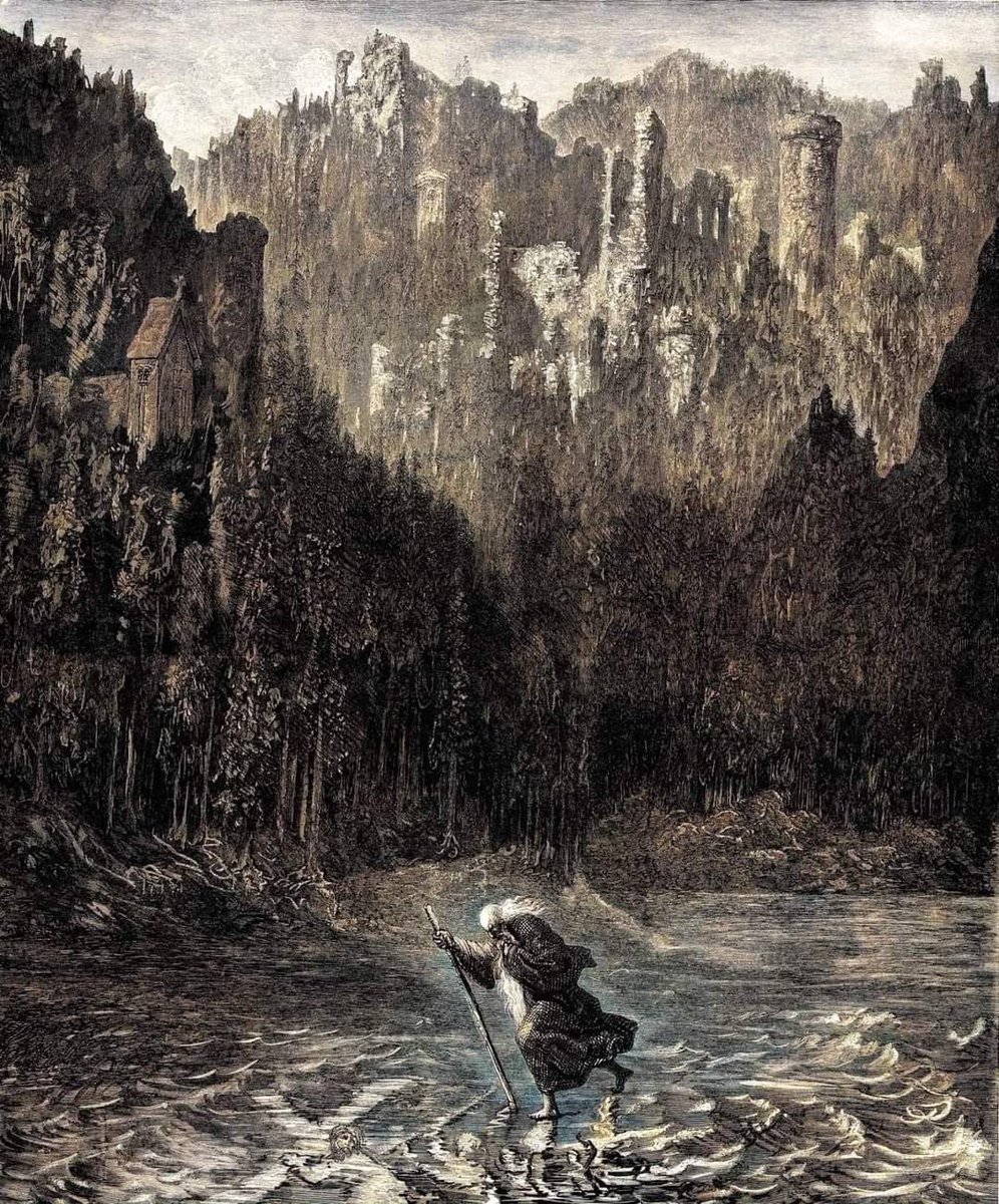Illustration for the Legend of the Wandering Jew: On through morass and slough, he strives to fly, from hateful memories of days gone by - Gustave Doré, 1860.