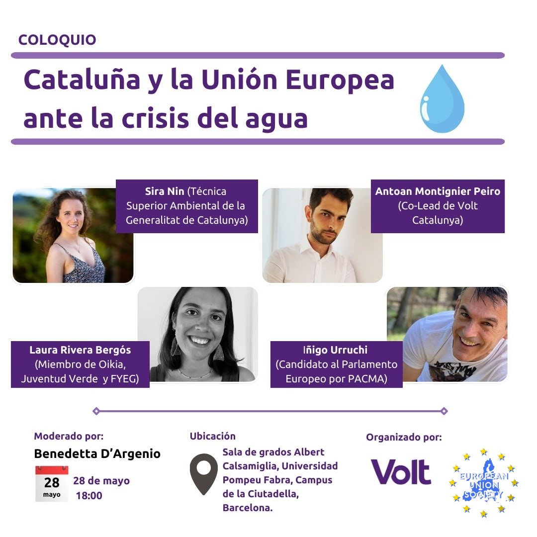 "Catalunya i la Unió Europea davant la crisi de l’aigua"💧

📆 28 de maig 
🕔18:00
📍Sala Albert Calsamiglia

Discutirem sobre la greu sequera i els problemes hídrics que afronta Catalunya i explorarem com la Unió Europea pot oferir solucions i suport per mitigar aquesta crisi 🇪🇺