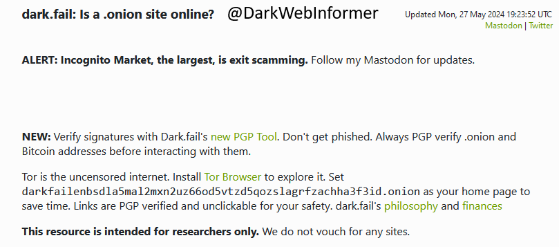 ⚠️Dark Web⚠️This is dark[.]fail. It is a great resource for getting onions to various Tor sites, including darknet markets, forums, services, etc. You can also follow the creator on X at @DarkDotFail.👇

#DarkWeb #Cybersecurity #Security #Cyberattack #Cybercrime #Privacy #Infosec