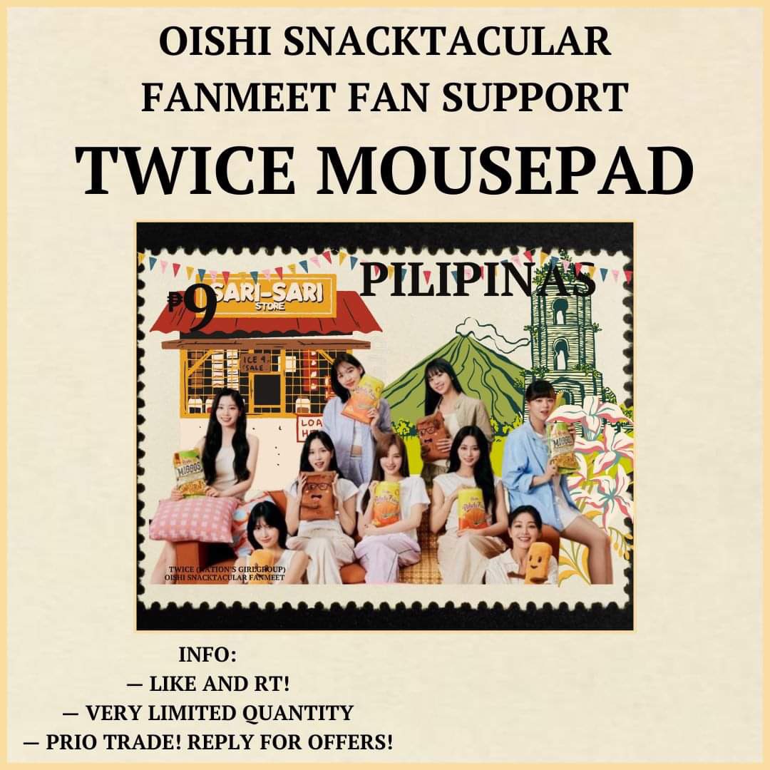 TWICE Oishi fanmeet mousepad freebies by @dubudubsdubs ~

• Very limited quantity
• Like & RT this tweet. Show proof on Dday
• Prio trade
• Loc around MOA. Exact loc TBA in diff times (asong gala kami 🤣)

June 01, 2024

Design by @namihyuned 

#TWICEOishiSnacktacularFanmeet