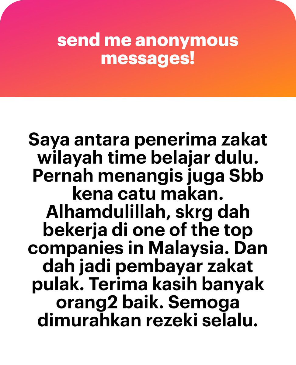 Jangan lupa bayar zakat balik tolong geng geng yang lain plak. Tahniah anon