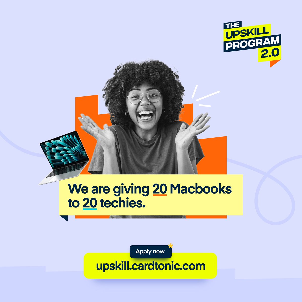 currentiyke's tweet photo. Winning a MacBook right now will bang for Tech bros.

Don't dull on this free offer from @cardtonic.

They're offering 20 MacBook laptops &amp; cash gifts to Techies, through their #Upskill2.0 program. 

Apply https://t.co/qGwYnQUIFJ and thank me later🙌 https://t.co/yszKh9pfPe