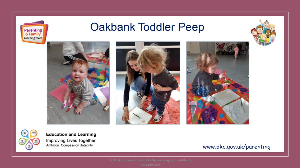 At our Oakbank Toddler Peep group our topic was "Mark Making". The families had lots of fun colouring with pens and crayons to make lovely pictures.
For more information about our team and the groups we offer, please visit the website pkc.gov.uk/parenting