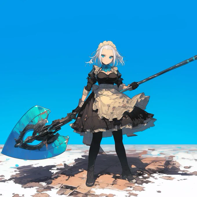 #晴天アポカリプス #nijijourneyバトラー型シンカロン(Think alone, 汎用人型アンドロイド)携帯破城槍 [グングニル ペネトレイター]あろうことか「プレゼンテーション用指示棒」として書類申請が通過してしまったバトラー型シンカロン用の大質量長槍.従ってオフィス等へ持ち込みが可能だった 